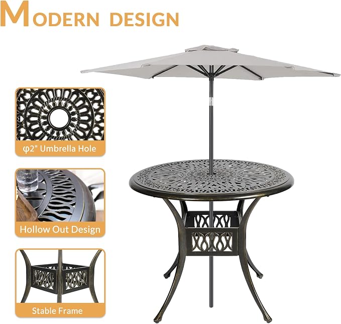 3-Piece Outdoor Patio Dining Set, All-Weather Cast Aluminum Patio Furniture Set for Backyard Garden Deck with 2 Cushioned Chairs and 35.4” Round Table, 2" Umbrella Hole, Ocean Blue
