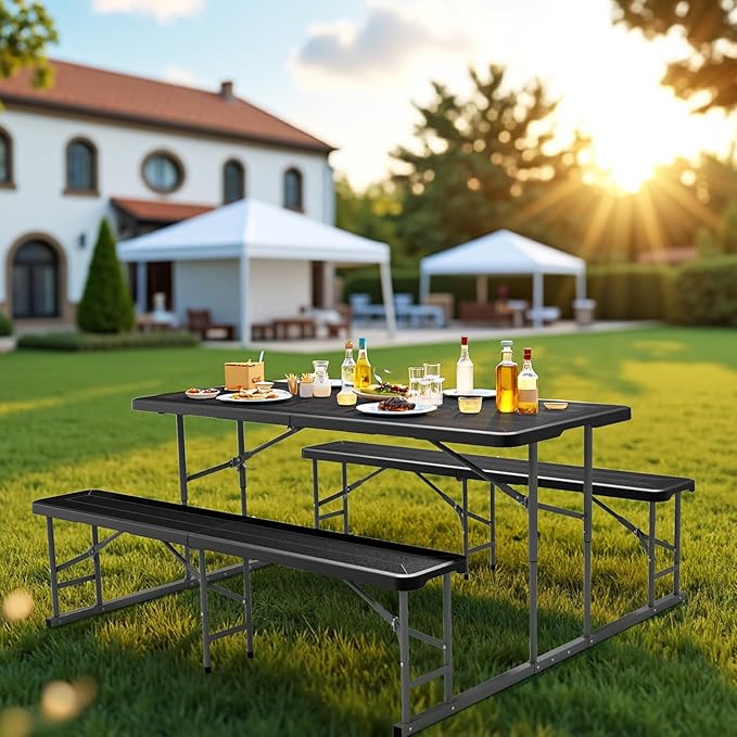 VINGLI Folding Picnic Table and Bench Set, Portable Outdoor Dining Furniture for Camping, Patio, Backyard, Wood Grain Plastic Top with Metal Frame （Black）