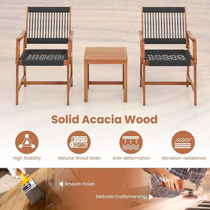 HAPPYGRILL 3 Pieces Acacia Wood Bistro Set, Patio Conversation Set Rope Woven Chair & Table Set for Backyard Porch Garden Poolside