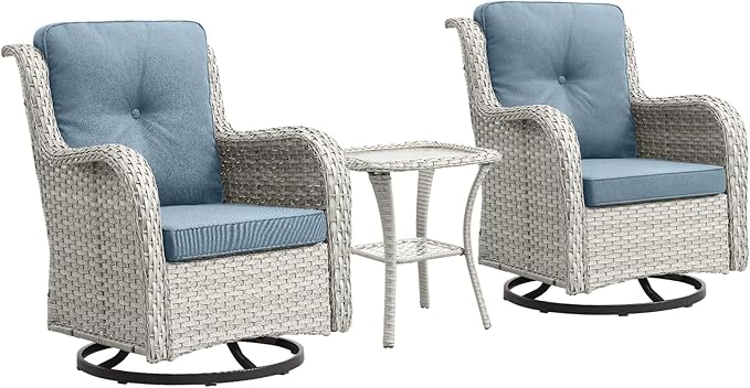 Outdoor Swivel Rocker Patio Chairs-Wicker Patio Swivel Chairs Set of 2 with Side Table PE Rattan Patio Furniture Set for Porch Deck Balcony Garden-Light Grey/Light Blue