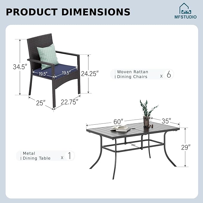MFSTUDIO 7 Piece Patio Dining Table for 6, 59'' Rectangular Metal Table & Wicker Chairs, Outdoor Rattan Dining Furniture with Umbrella Hole, Deck, Porch
