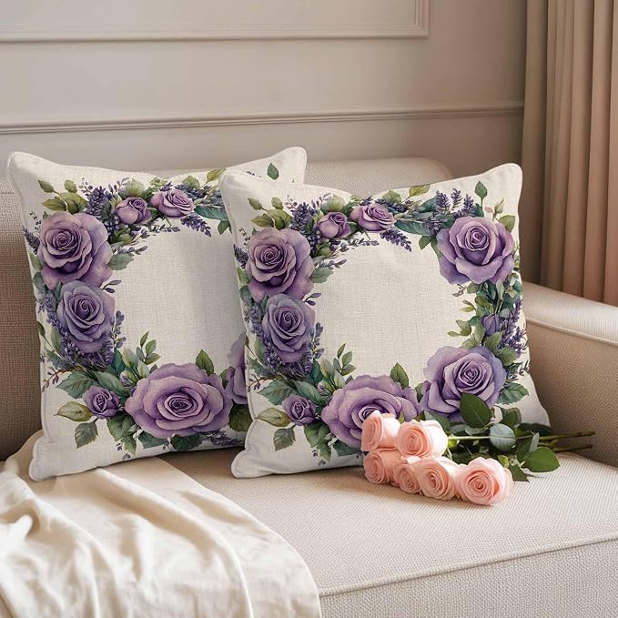 Spring Flower Outdoor Waterproof Throw Pillow Covers Set of 2, 26"x26", Purple Rose Wreath Blooming Floral Retro Decorative Pillow Covers Outside Cushion Case for Patio Porch Garden