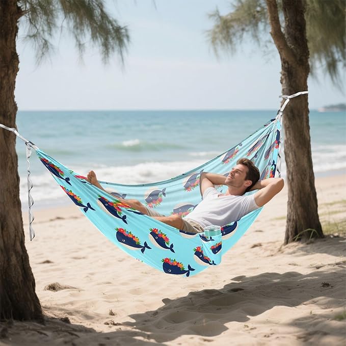 Camping Hammock Outdoor Hammocks for Outside Whales Flower Garlands Beach Trees Portable Lightweight with Pockets Tree Straps Indoor Small