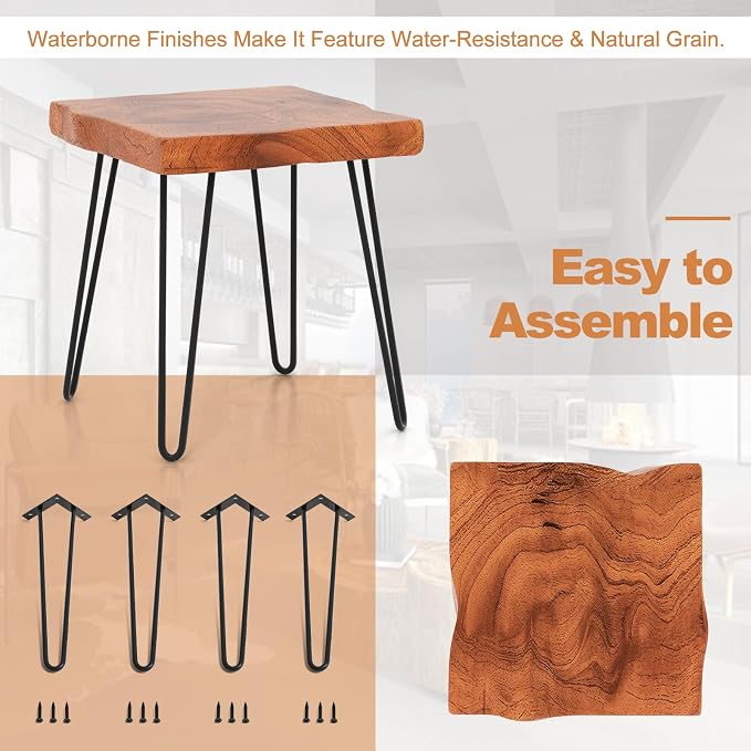 Giantex Teak Wood End Table, Solid Live Edge Outdoor Side Table w/Natural Grain & Heavy-Duty Metal Legs, Rustic Plant Stand for Living Room Patio Balcony, 16" x 16" x 18" (2, Square)