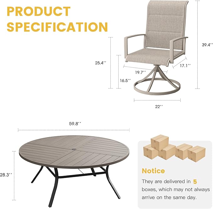 VICLLAX Patio Dining Set for 8, 8 Seats Outdoor Furniture Includes 59.9" Round Patio Table and Swivel Padded Chairs, Grey Wood Grain Tabletop and Sandshell Fabric