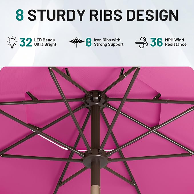 AreShark 9ft 3 Tiers Patio Umbrella with Solar Lights, Outdoor Umbrella w/ 32 LED Lights&8 Sturdy Ribs, Table Umbrella for Deck, Backyard, Pool (Rose Pink)