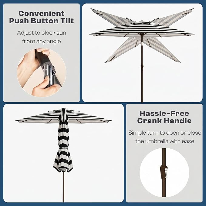 Outdoor Patio Umbrella, 2 Tiers Market Table Umbrella with 8 Sturdy Ribs, Push Button Tilt and Crank, UPF50+ UV Protection for Deck, Pool, Garden and Backyard