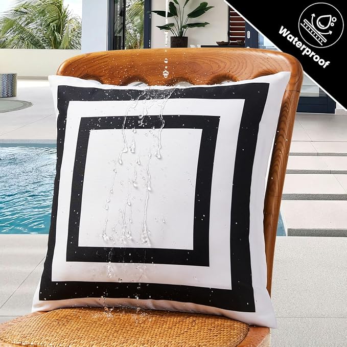 JOJOGOGO White Outdoor Lumbar Pillow Covers Waterproof 12x20 Set of 2, White and Black Decorative Outdoor Waterproof Boho Pillows 12 x 20 for Patio Furniture Farmhouse (Black Border)
