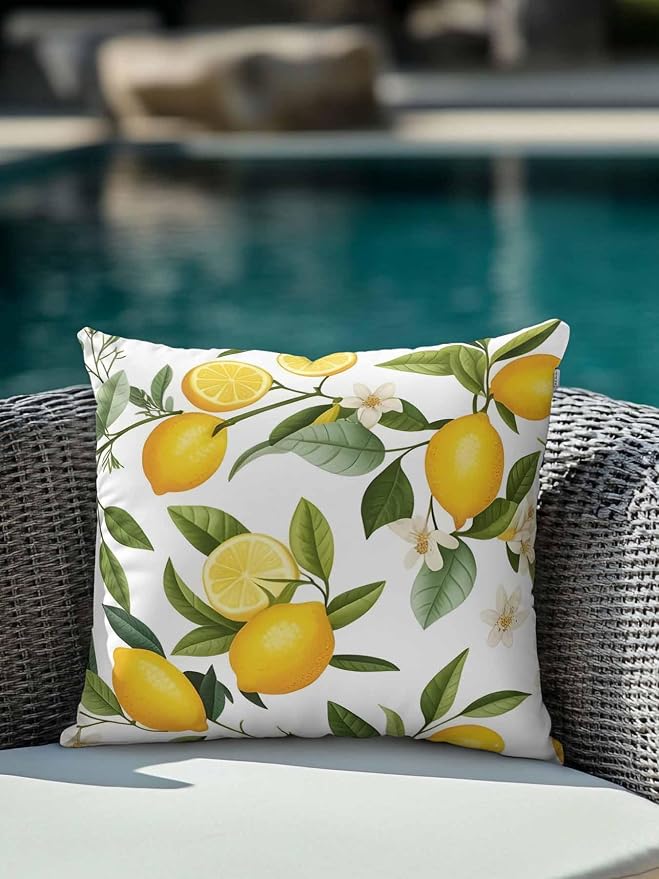 Outdoor Waterproof Throw Pillows Watercolor Lemon Green Leaves Flower Patio Pillows,Decorative Pillow Covers with Insert,Pillow Cushion Case for Garden Couch Sofa Farm Fruit Harvest