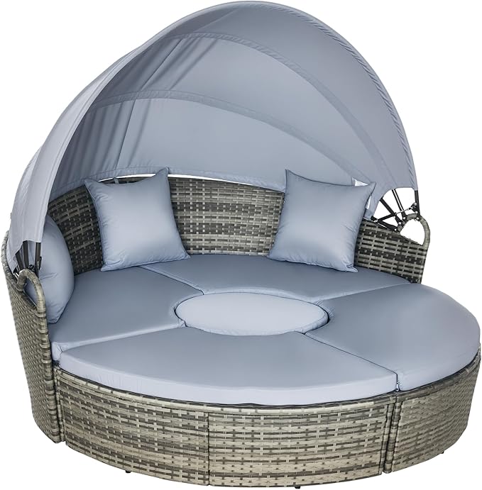 Outsunny 4 Piece Round Rattan Daybed, Convertible Patio Furniture Set, Adjustable Sun Canopy, Sectional Outdoor Sofa, 2 Chairs, Extending Tea Table Ottoman Chair, 3 Pillows, Light Gray