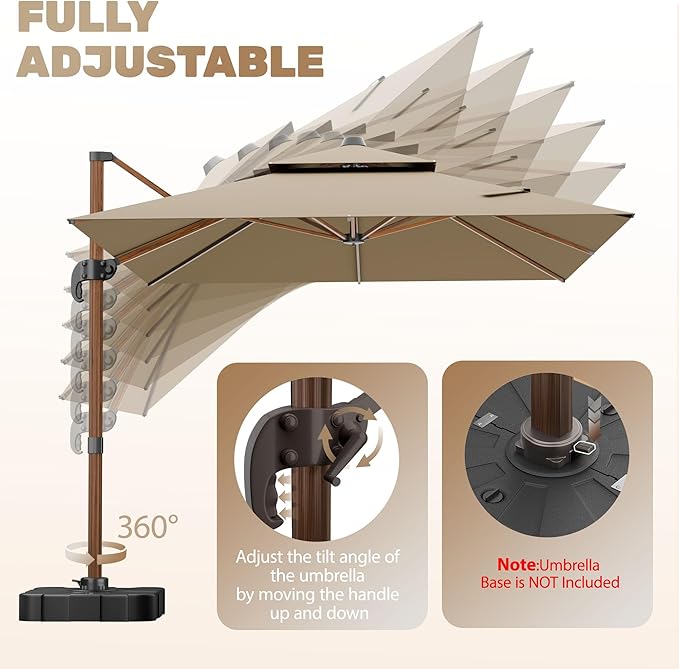 10x13FT Cantilever Outdoor Patio Umbrellas, Double Top Wood Pattern Rectangle Umbrella, Heavy Duty 360°Rotation Offset Umbrella for Garden Deck Pool Patio, Brown