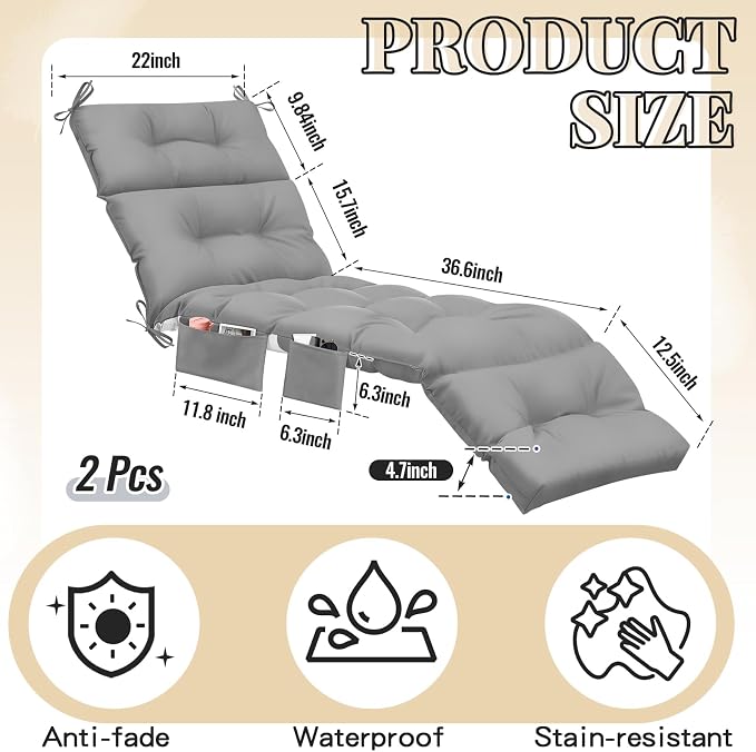 Kigley 2 Pcs Outdoor Chaise Lounge Cushions with 3 Side Pocket 74.5 x 22 x 4.7 Inch Patio Chaise Lounge Cushion, Water-Repellent and Fade-Resistant Tufted Summer Replacement(Light Gray)