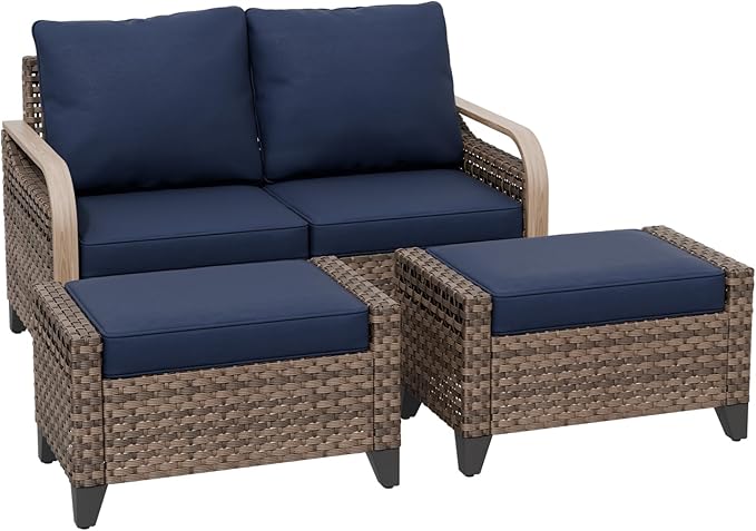 COOS BAY Modern Wicker Outdoor Furniture Set, 3 Piece Patio Conversation Set with a Loveseat and 2 Ottomans, 3 Piece, Brown/Blue