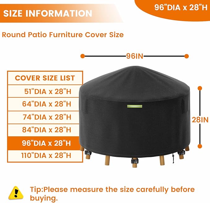 96 Inch Round Patio Furniture Covers with Support Pole, 800D Heavy Duty Waterproof Tear-Resistant Polyester Round Outdoor Table Cover