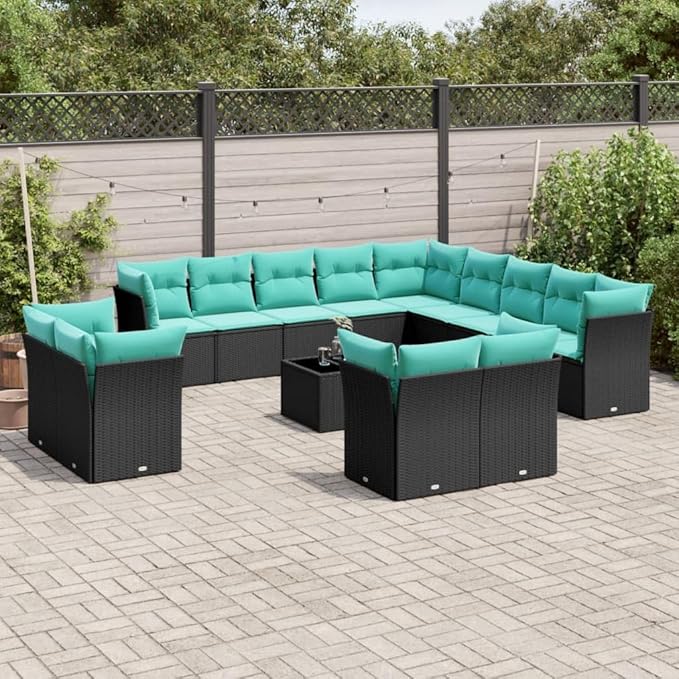 vidaXL Patio Sofa Set with Cushions 14 Piece, Sectional Sofa with Glass Table, Outdoor Conversation Set, Modern Style, Black Poly Rattan