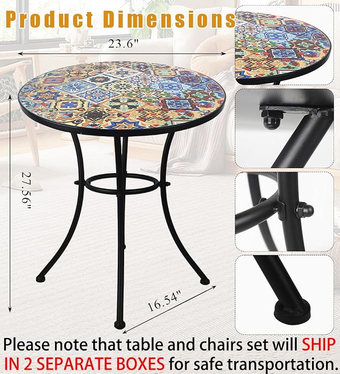 3 Piece Bistro Sets Mosaic Tile Round Table Folding Chairs Garden | Set of 3 Patio Furniture 23.6" Table and 2 Chairs Outdoor Bistro Chairs Artistic Table for Balcony Porch Apartment Backyard