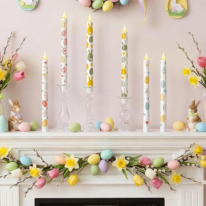 Honoson 6 Pcs Easter Flameless Taper Candles 10.6 Inch Colorful Egg Bunny Candles Battery Operated LED Candlesticks for Easter Dinner Table Home Party Decor