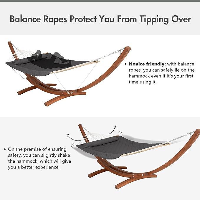 ANOW 13.5FT Curved Wood Stand with Portable Rope Hammock, Heavy Duty Larch Wood Arc Stand with 2 Chains, 4 Balance Ropes and 4 Carabiners, Includes Gray Hammock with Spreader Bars