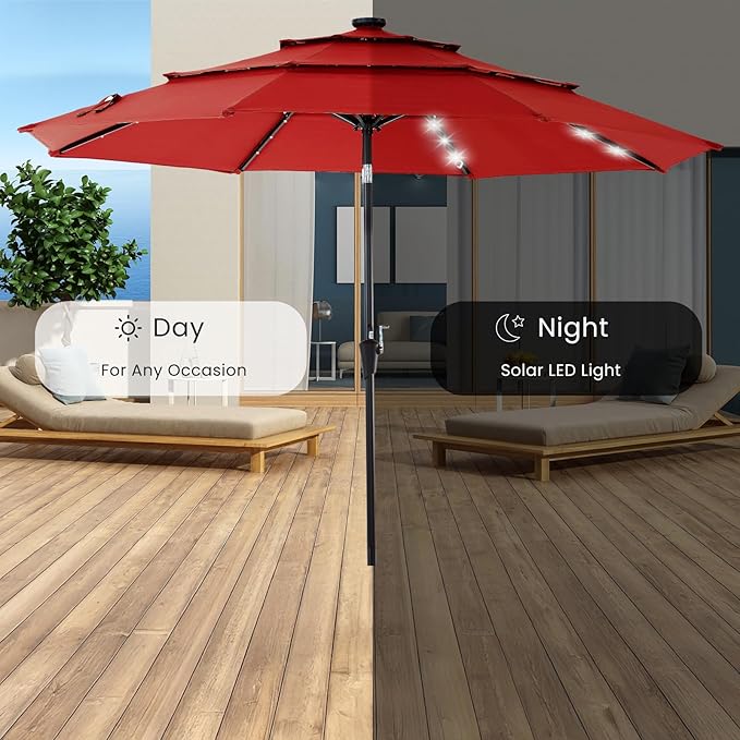 DUMOS LED Outdoor Patio Umbrella 10 FT UV-Resistant Market Umbrella with Tilt Adjustment & Crank Lift, All-Weather Shade for Backyard, Deck, Garden, Beach