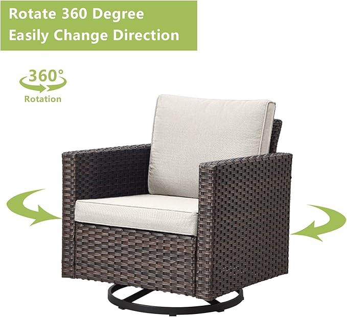 Rilyson Wicker Outdoor Patio Furniture Set - 6 Piece Patio Conversation Set with 2 Swivel Rocker Chairs,2 Rattan Ottoman,1 Couch and 1 Metal Side Table for Outside Porch Deck Backyard(Brown/Beige)