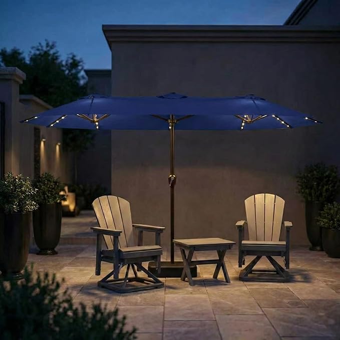 15FT Patio Umbrella with Solar Lights, Double-Sided Extra Large Outdoor Table Umbrella with Base Included, Heavy-Duty 12 Iron Ribs Market Umbrella for Garden, Pool, Backyard, Navy Blue