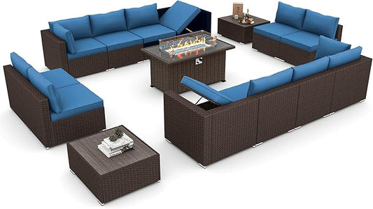 HOMREST 15 Pieces Outdoor Patio Furniture Set with 44" Propane Fire Pit Table, PE Rattan Sectional Sofa Conversation Set w/Adjustable Bracket, Wood Coffee Table for Backyard (Blue)