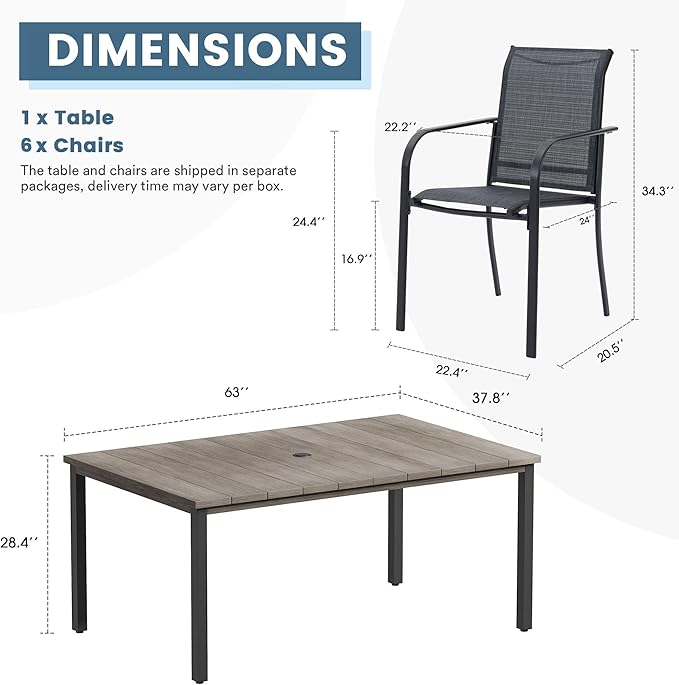 DIFY 7 Pieces Outdoor Patio Dining Set for 6, 63" Grey Wood-Like Rectangle Metal Dining Table and 6 Grey Stackable Sling Dining Chairs, Outdoor Table and Chairs for Lawn Garden Backyard Deck