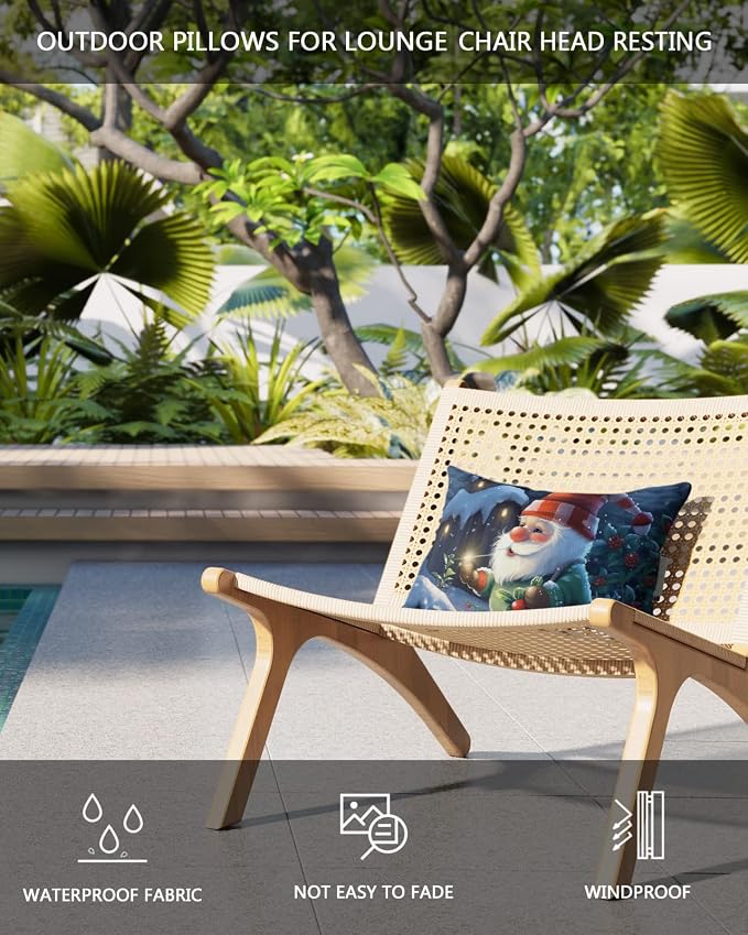 Outdoor Pillows Covers with Inserts Red Cap Gnome Snowing House Forest Christmas Waterproof Recliner Pillow with Adjustable Strap Throw Pillows for Patio Furniture Pool Lounge Chair, 11x16 Inch, 1PCS