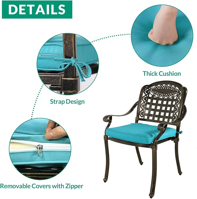 VIVIJASON 5-Piece Patio Furniture Dining Set, All-Weather Cast Aluminum Outdoor Conversation Set, Include 4 Cushioned Chairs and a 35.4" Round Table w/Umbrella Hole, Ocean Blue Cushion