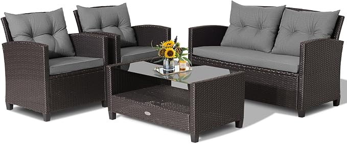HAPPYGRILL 4-Piece Patio Conversation Set Rattan Wicker Chair Furniture Set with 1 Loveseat, 2 Single Sofas, 1 Coffee Table, Outdoor Furniture Set for Backyard Porch Garden Poolside Balcony (Grey)