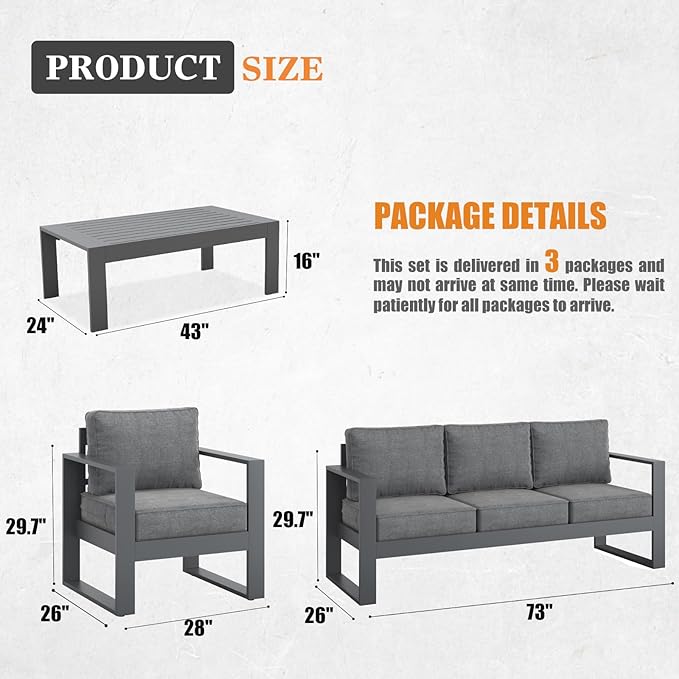 Outdoor Aluminum Furniture Set - 4 Pieces Modern Patio Conversation Sets Metal Sectional Sofa with Coffee Table