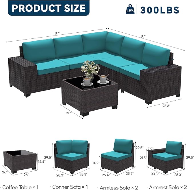 Patio Furniture Set 6 Pieces Outdoor Sectional Sofa Set,PE Rattan Wicker Patio Conversation Set with Thickened Cushions and Glass Coffee Table,Blue