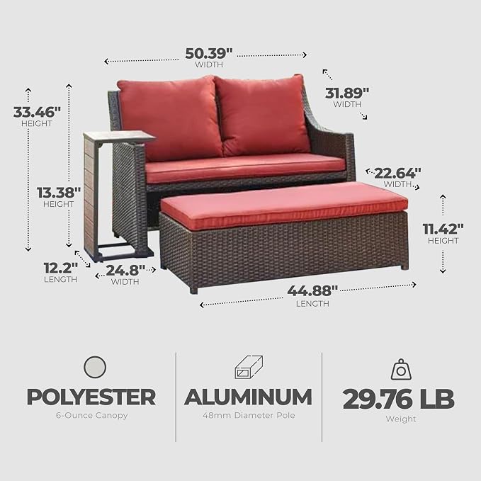 Four Seasons Courtyard Redington All-Weather Chic 3 Piece Outdoor Patio Seating Furniture Set with Cushioned Loveseat, Side Table, and Ottoman, Red