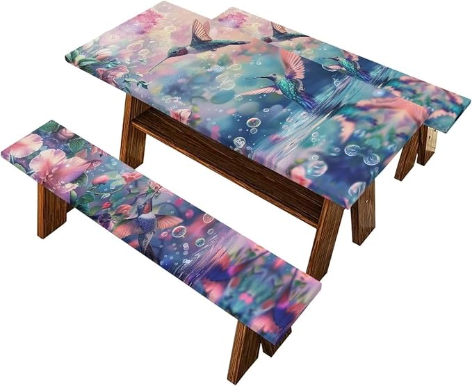 Hummingbird Picnic Table Cover with Bench Covers Waterproof Camping Table Covers for 6 Foot Tables 3 Pcs Picnic Table Bench Covers Camping Essentials for Camper, 94x30 Inches