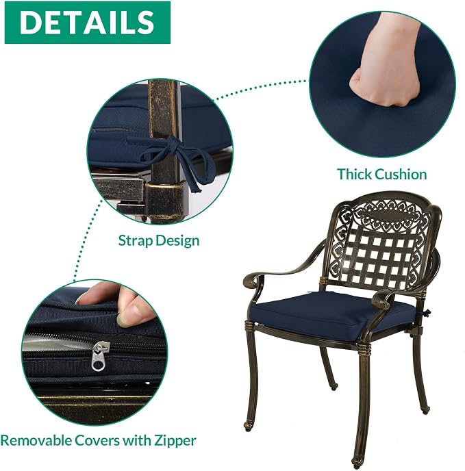 VIVIJASON 5-Piece Patio Furniture Dining Set, All-Weather Cast Aluminum Outdoor Conversation Set, Include 4 Cushioned Chairs and a 35.4" Round Table w/Umbrella Hole, Navy Blue Cushion