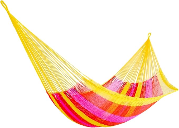 NOVICA Bright Pink Yellow Striped Tropical Hand Woven Nylon Mayan 2 Person Xl Rope Hammock With Hanging Accessories, 'Candy Delight' (Double)