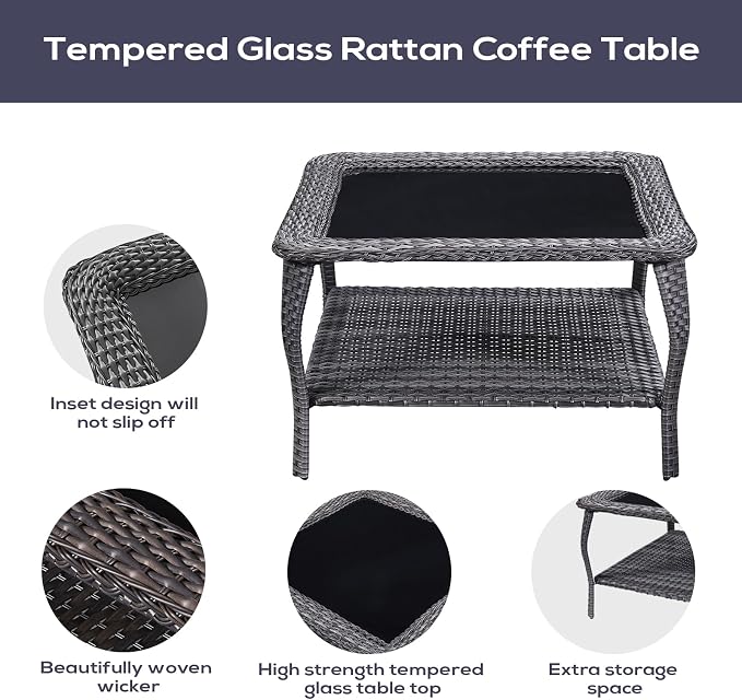 Belord Patio Furniture Set 6 Seats, Outdoor Swivel Rocker Patio Chairs, Oversized Outdoor Sectional Couch, Two 3-Seater Sofas with Coffee Table, Ideal for Porch, Deck, Gray Wicker/Blue