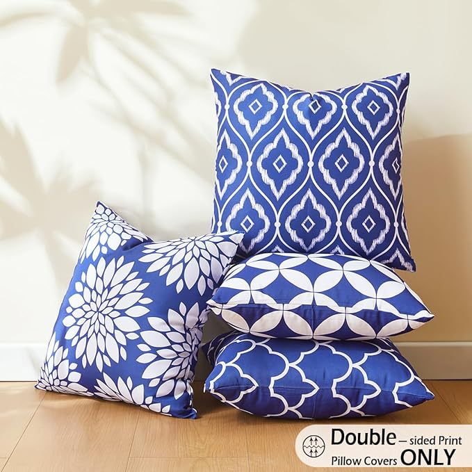 CARRIE HOME Navy Blue Outdoor Throw Pillows Waterproof 18x18 Patio Porch Pillow Covers 18 x 18 Set of 4 Outdoor Patio Decor Aesthetic for RV Garden and Patio Furniture (No Inserts)