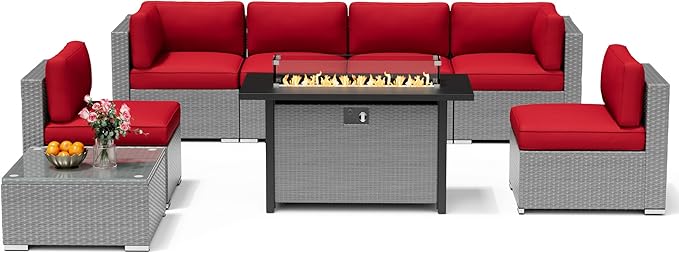8 Pieces Outdoor Patio Furniture Set with 45” Propane Gas Firepit Table, Grey Wicker Patio Sectional Sofa Set, Outdoor Couch with Cushion and Tempered Glass Table, Red