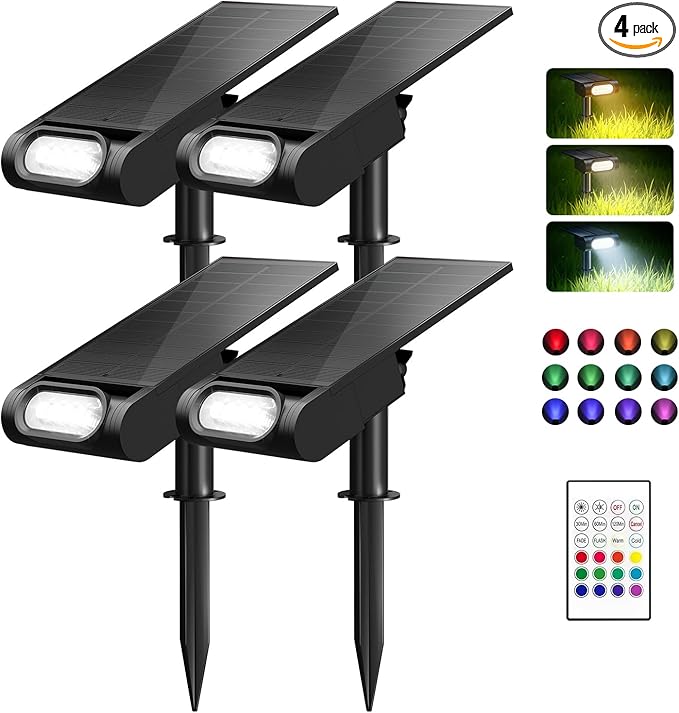 RGB Christmas Solar Spot Lights Outdoor, 12 RGB Color Modes Landscape Light Waterproof IP67 with Remote Control, 2-in-1 Color Changing RGB/Cool/Warm White for Yard Garden Christmas 4 Pack