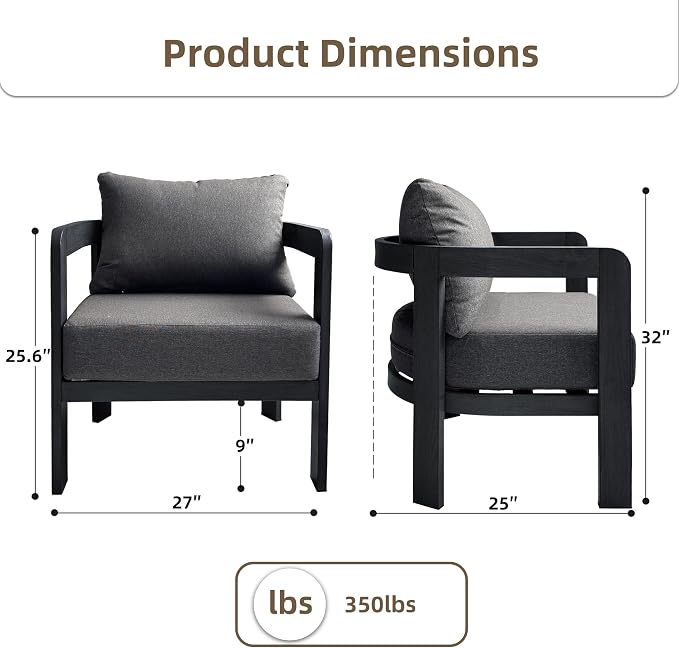 Outdoor Furniture Set, 2Pcs Patio Armchairs, Metal Modern Outside Furniture with 6'' Thick Cushions, Outdoor Conversation Set Balcony Chairs for Backyard, Porch,Deck, Black&Grey