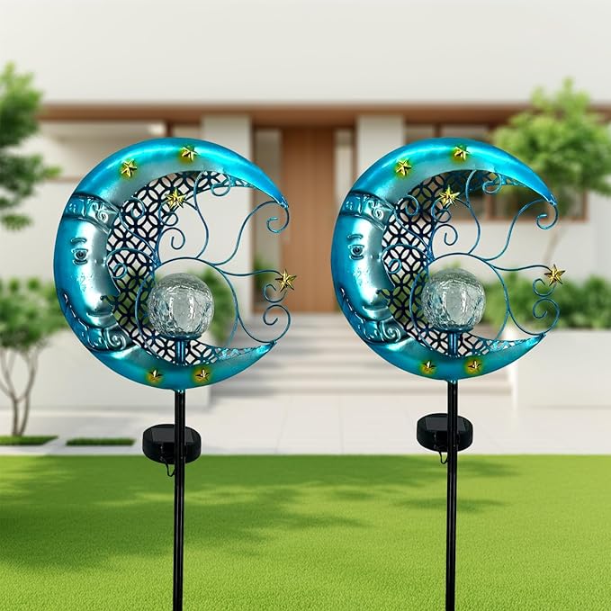 Solar Moon Lights Outdoor Garden Decorative Lights Waterproof Crackle Glass Globe Metal Stake Yard Decorations for Lawn Patio Backyard Ornaments Gifts for Birthday,Mothers Day Grandma (1pc)