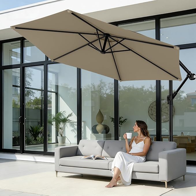 AreShark 10FT Patio Outdoor Umbrella, Offset Patio Umbrella Cantilever Umbrella, 6 Sturdy Ribs, Easy Adjustment for Garden Market Pool with Cross Base (Beige)