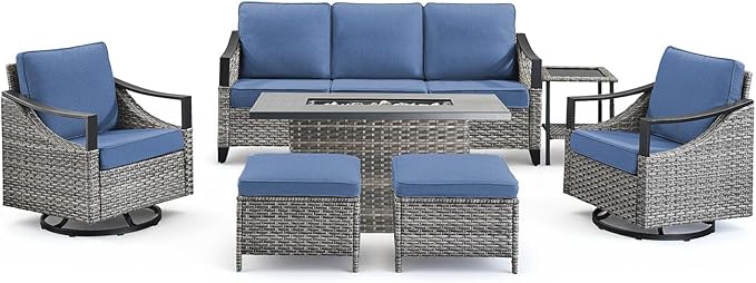 Patio Furniture Set with 42.5" Fire Pit Table-7 Pieces All Weather Wicker Outdoor Furniture with High Back Swivel Patio Chairs Set of 2 Outdoor Patio Conversation for Deck Garden Blue/Gray