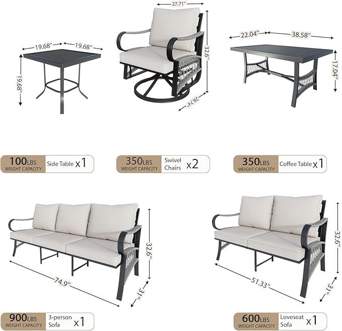 6 Pieces Patio Furniture Set, Metal Outdoor Conversation Sets with Swivel Chairs, Modern Couch Sofa Seating Group with Coffee Table and Side Table (Thick Beige Cushions)