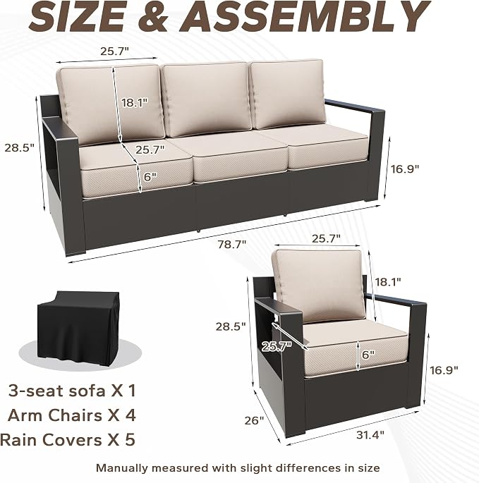 Aluminum Outdoor Conversation Furniture Set - All Weather Patio 79" Sofa with 4 Armchairs, 6" Water-Resistant Cushions & Furniture Covers & Metal Armrest for Deck Porch (Beige)