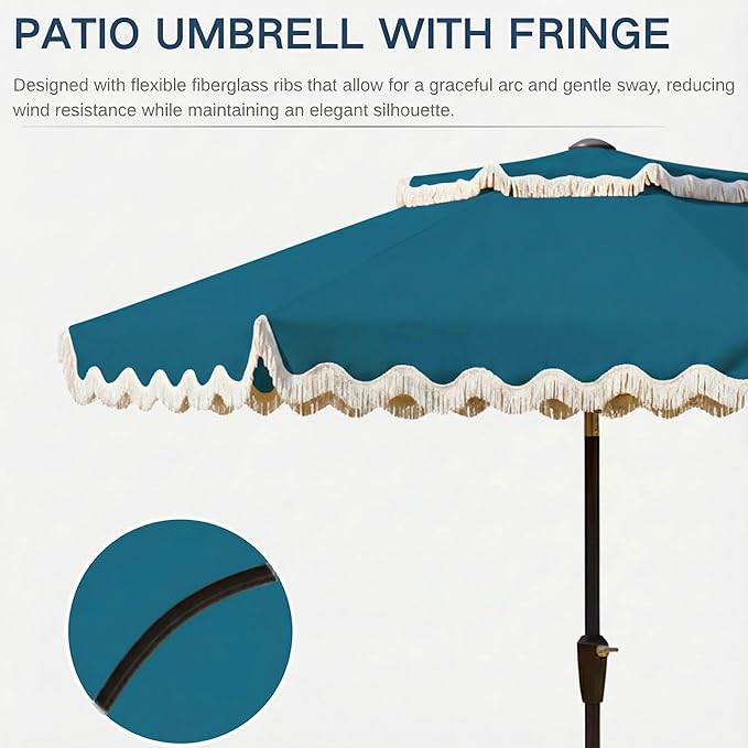 9FT Patio Umbrella with Fringe,Tassel Umbrella with Push-Button Tilt | UPF 50+ & Rust-Resistant Fiberglass Frame for Patio, Pool,Garden,Yard(Lake Blue)