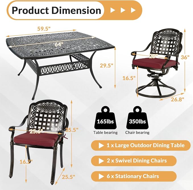 9 Piece Outdoor Patio Dining Set for 8, Cast Aluminium Large Square Dining Table & 2 Swivel Rocker Chairs, 6 Stationary, 8 Cushions, Umbrella Hole, Patio Furniture Set for Garden, Chili Red