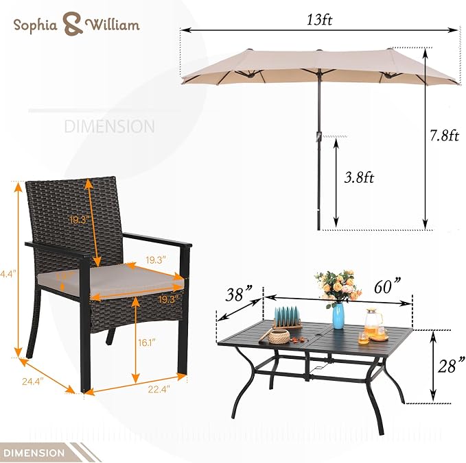 Sophia & William 7 Pieces Patio Dining Set with 13ft Beige Patio Umbrella, Outdoor Metal Table and Rattan Chairs Set for 6 People, Outdoor Dining Set with Cushions & 1.6" Adjustable Umbrella Hole