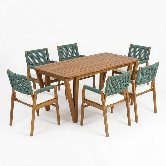 Christopher Knight Home Terri Acacia Wood Patio Dining Set for 6, Solid Wood Outdoor Dining Table Set for 6, 7 Piece Outdoor Dining Set with Rectangular Table and Woven Rope Accents, Teak+Beige+Green